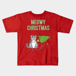 Meowy Christmas Gray Tabby Cat Knocked Over Xmas Tree Kids T-Shirt